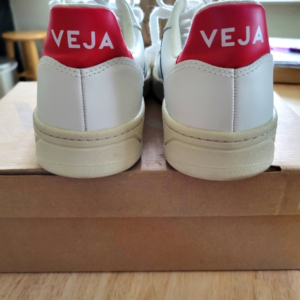 Veja White Leather Sneakers with Red Heel